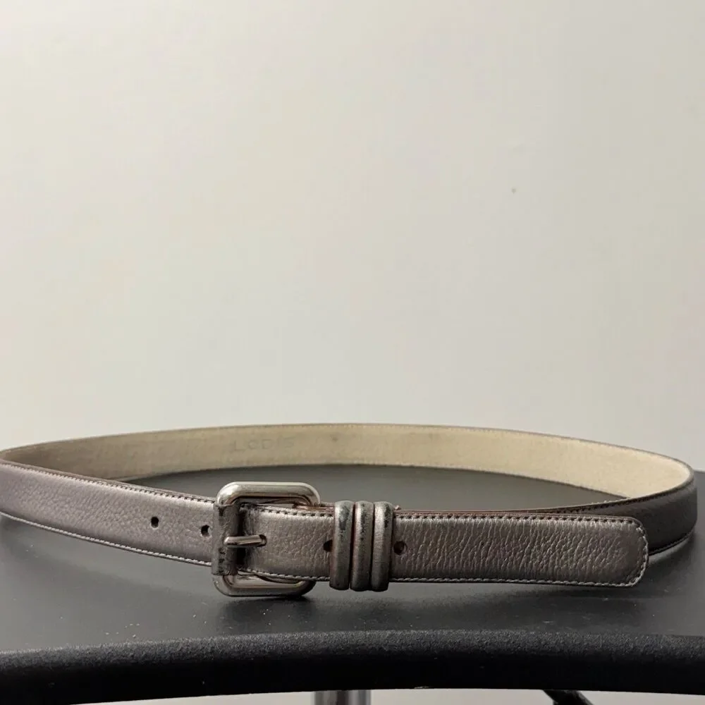 Lodis Genuine Leather Belt Women Metallic Bronze Skinny Belt Silver Buckle 38”